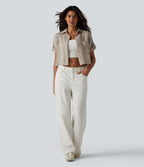 Roll Up Short Sleeve Cropped Casual Linen-Blend Shirt with Pockets — Island Fossil — view 6