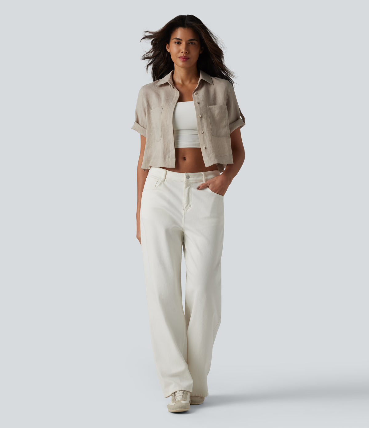 Roll Up Short Sleeve Cropped Casual Linen-Blend Shirt with Pockets — Island Fossil — view 6