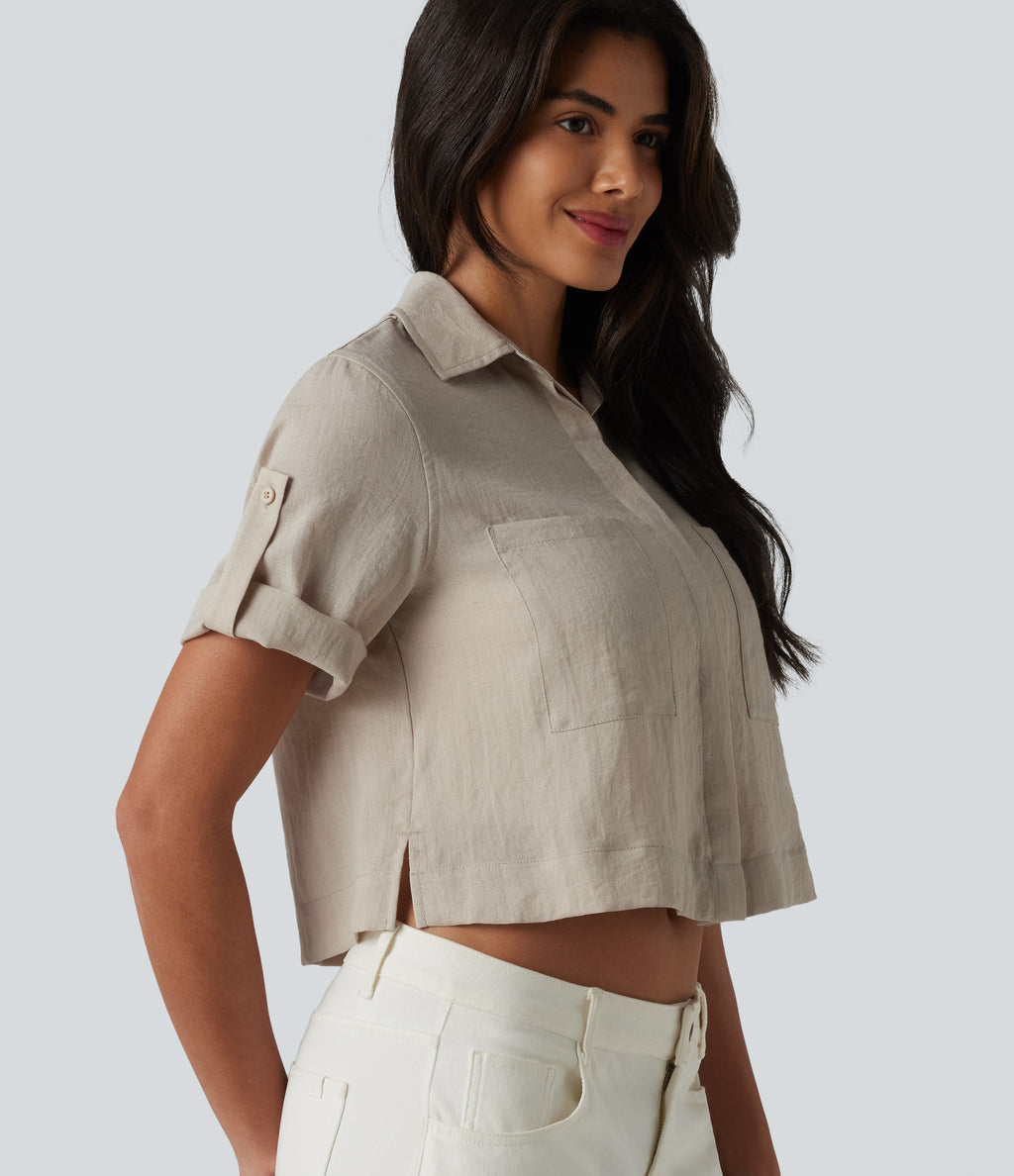 Roll Up Short Sleeve Cropped Casual Linen-Blend Shirt with Pockets — Island Fossil — view 5