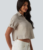 Roll Up Short Sleeve Cropped Casual Linen-Blend Shirt with Pockets — Island Fossil — view 5