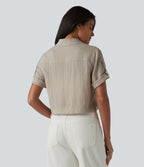 Roll Up Short Sleeve Cropped Casual Linen-Blend Shirt with Pockets — Island Fossil — view 2