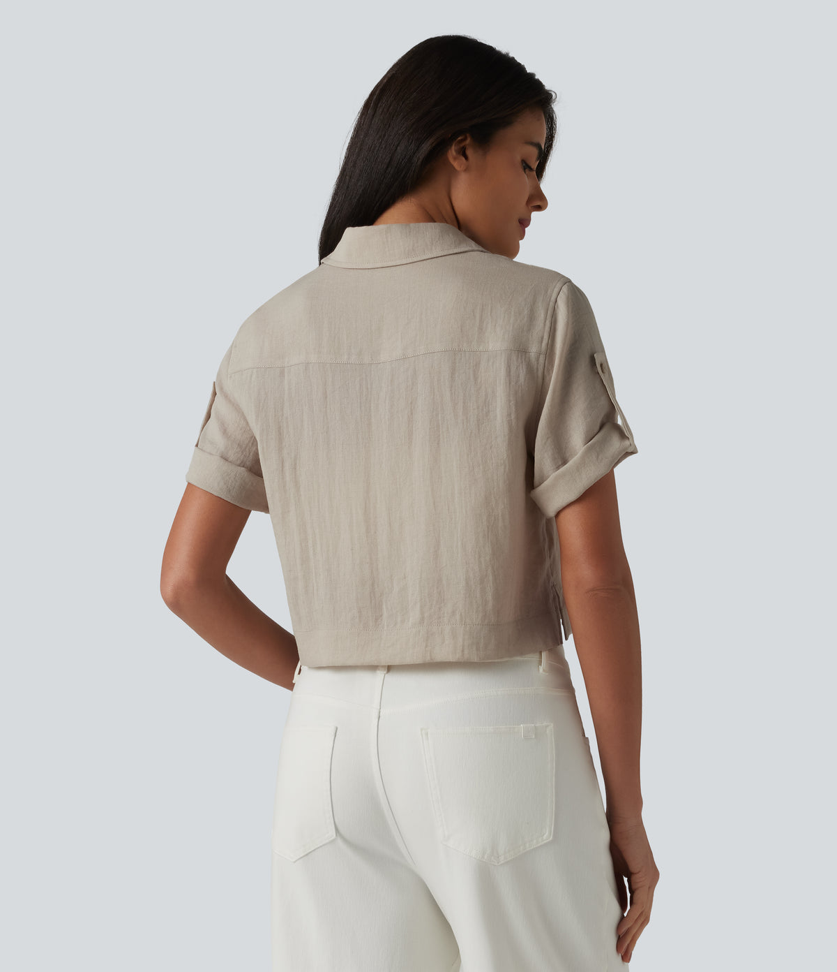 Roll Up Short Sleeve Cropped Casual Linen-Blend Shirt with Pockets — Island Fossil — view 2