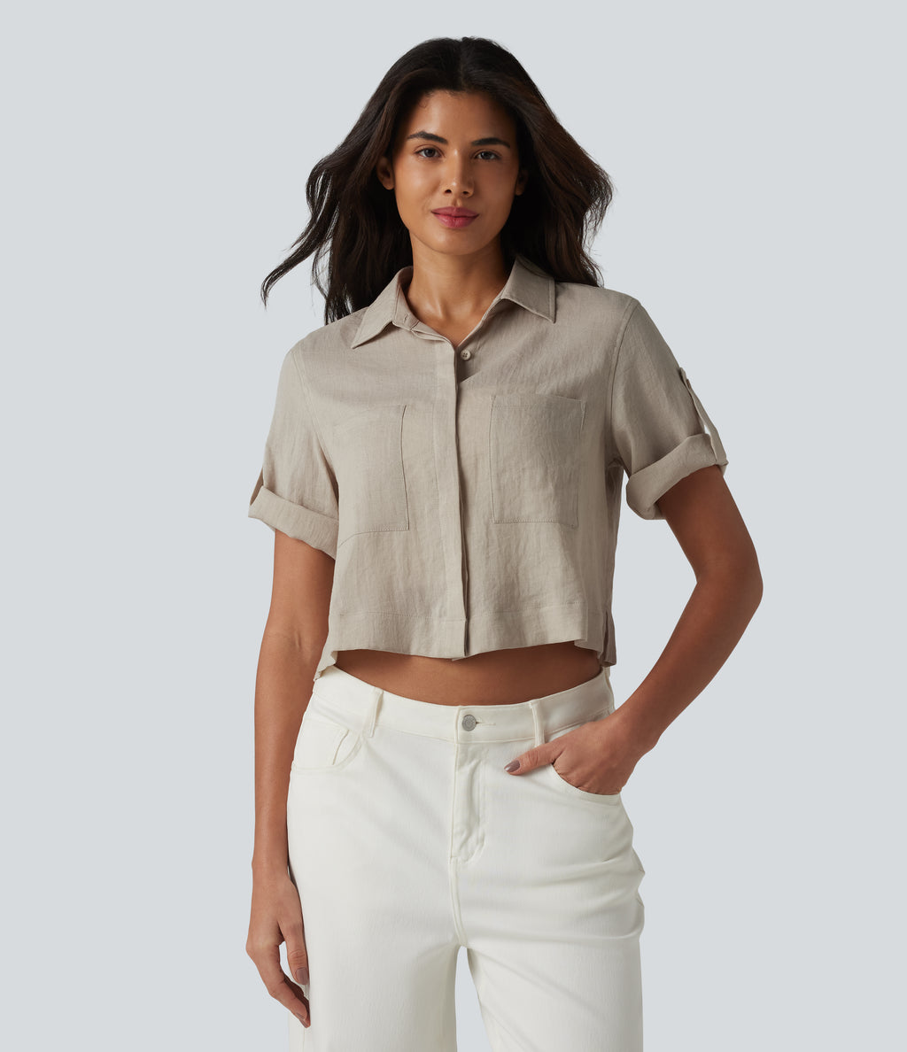 Roll Up Short Sleeve Cropped Casual Linen-Blend Shirt with Pockets — Island Fossil — view 4