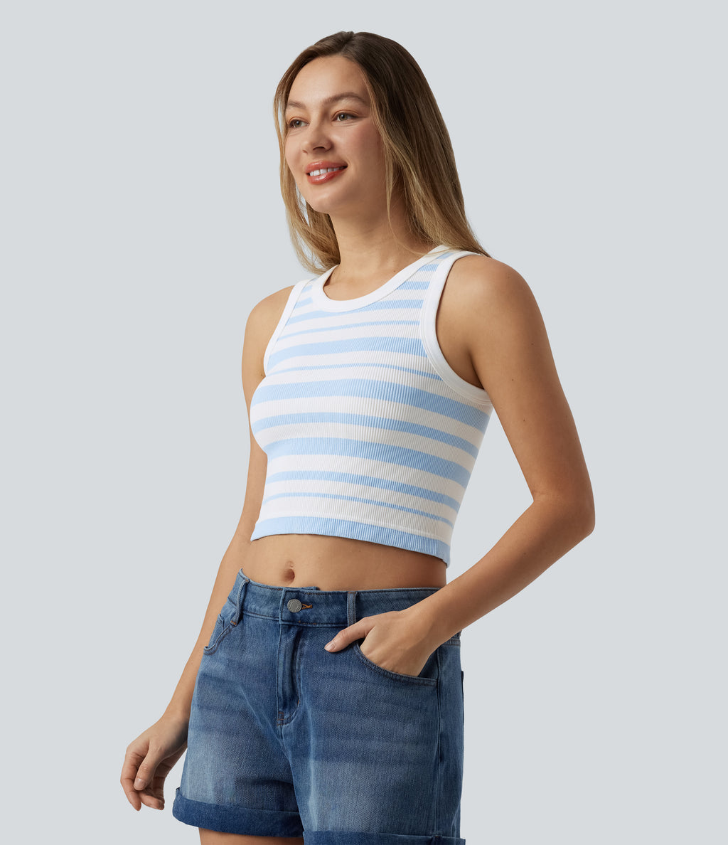OneForm Seamless Flow Round Neck Stripe Cropped Casual Tank Top — Blue White Stripes — view 4