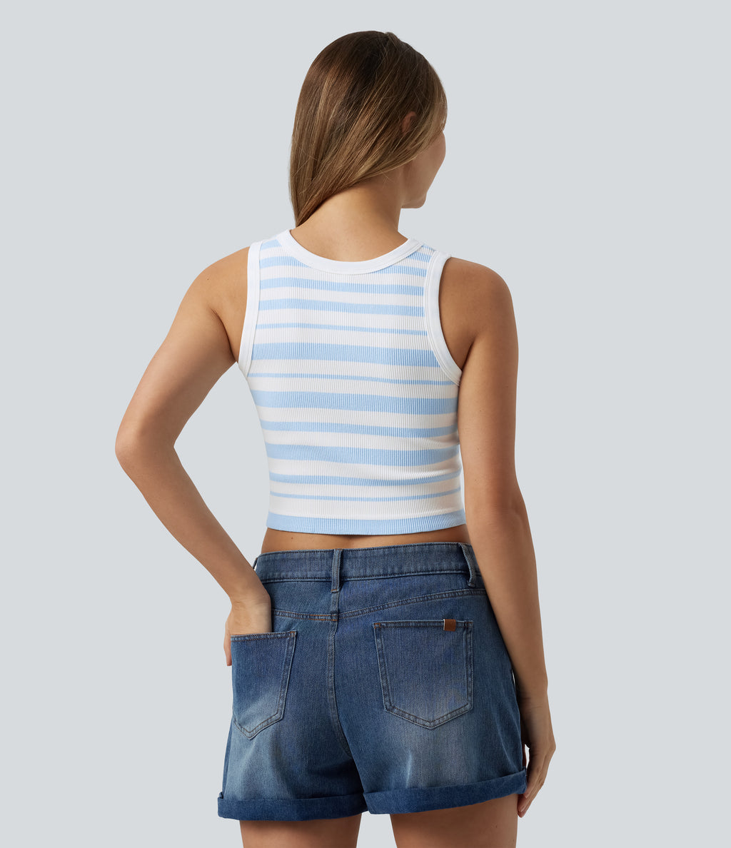OneForm Seamless Flow Round Neck Stripe Cropped Casual Tank Top — Blue White Stripes — view 2