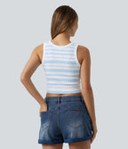 OneForm Seamless Flow Round Neck Stripe Cropped Casual Tank Top — Blue White Stripes — view 2