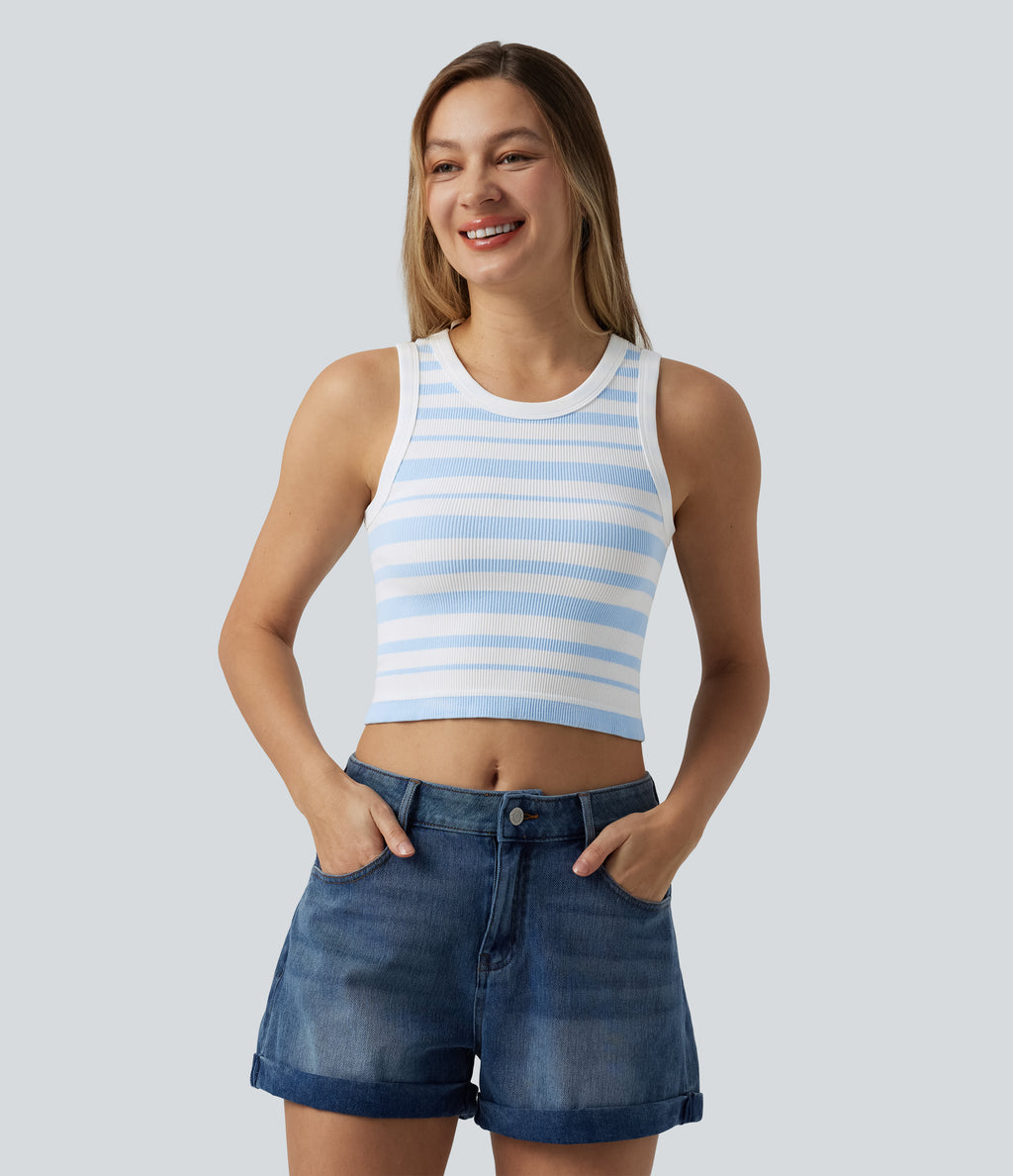 OneForm Seamless Flow Round Neck Stripe Cropped Casual Tank Top — Blue White Stripes — view 3