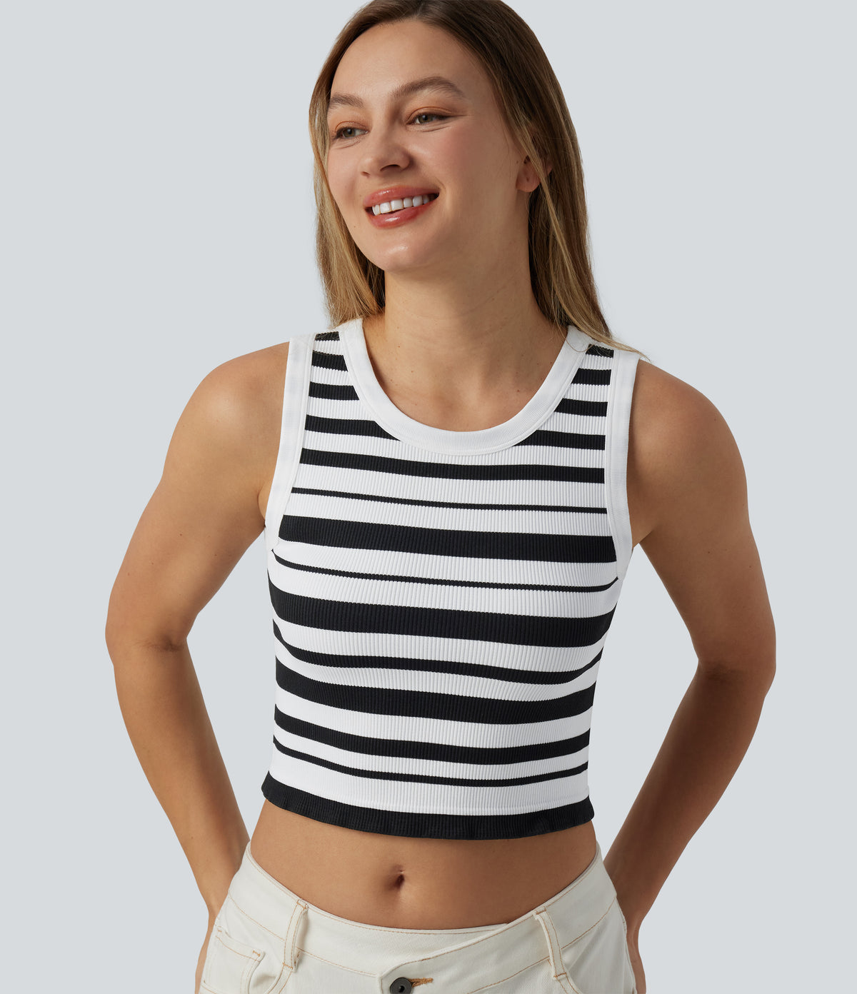 OneForm Seamless Flow Round Neck Stripe Cropped Casual Tank Top — Black White Horizontal Stripe — view 6