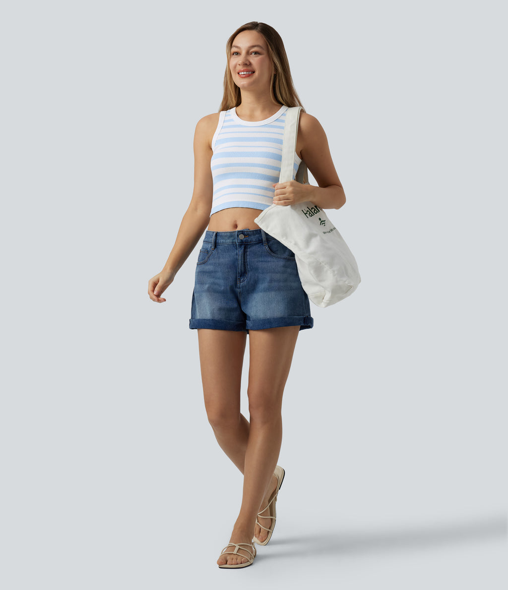 OneForm Seamless Flow Round Neck Stripe Cropped Casual Tank Top — Blue White Stripes — view 5