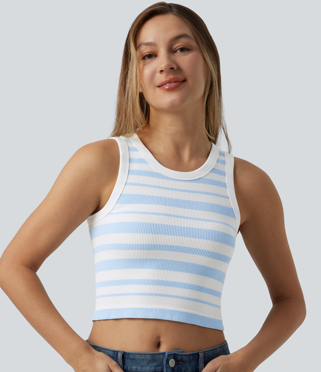 OneForm Seamless Flow Round Neck Stripe Cropped Casual Tank Top — Blue White Stripes — view 1