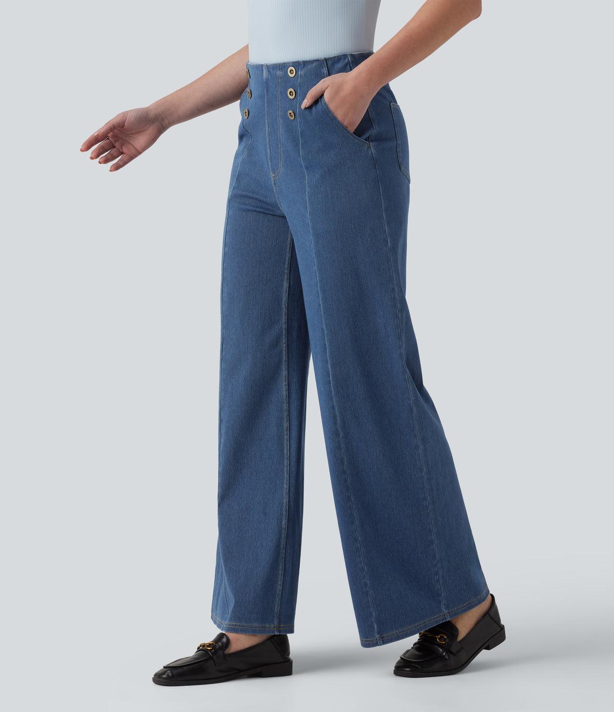 High Waisted Decorative Buttons Casual Wide Leg Jeans with Pockets — Estate Blue Denim — view 3