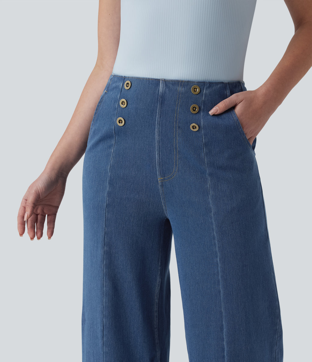 High Waisted Decorative Buttons Casual Wide Leg Jeans with Pockets — Estate Blue Denim — view 4