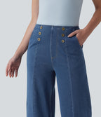 High Waisted Decorative Buttons Casual Wide Leg Jeans with Pockets — Estate Blue Denim — view 4
