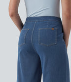 High Waisted Decorative Buttons Casual Wide Leg Jeans with Pockets — Estate Blue Denim — view 5