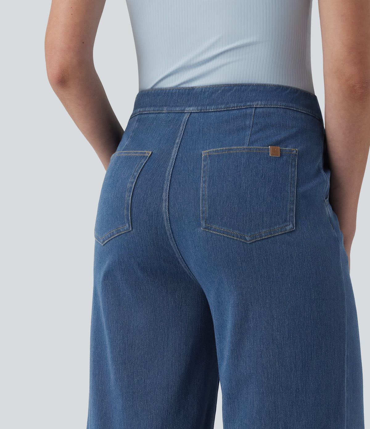 High Waisted Decorative Buttons Casual Wide Leg Jeans with Pockets — Estate Blue Denim — view 5