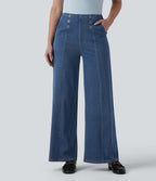 High Waisted Decorative Buttons Casual Wide Leg Jeans with Pockets — Estate Blue Denim — view 1