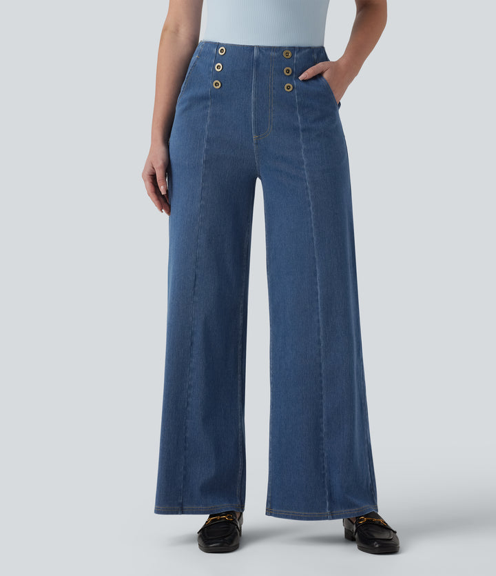 High Waisted Decorative Buttons Casual Wide Leg Jeans with Pockets — Estate Blue Denim — view 1
