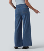High Waisted Decorative Buttons Casual Wide Leg Jeans with Pockets — Estate Blue Denim — view 2