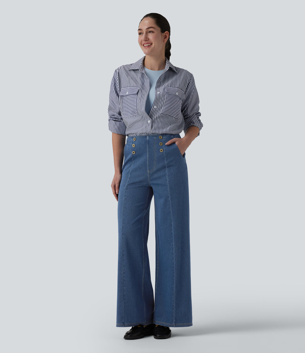 High Waisted Decorative Buttons Casual Wide Leg Jeans with Pockets — Estate Blue Denim — view 6