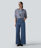 High Waisted Decorative Buttons Casual Wide Leg Jeans with Pockets — Estate Blue Denim — view 6