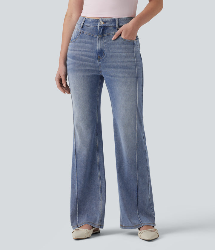 High Waisted Casual Straight Leg Jeans with Pockets — Malibu Blue Denim — view 1