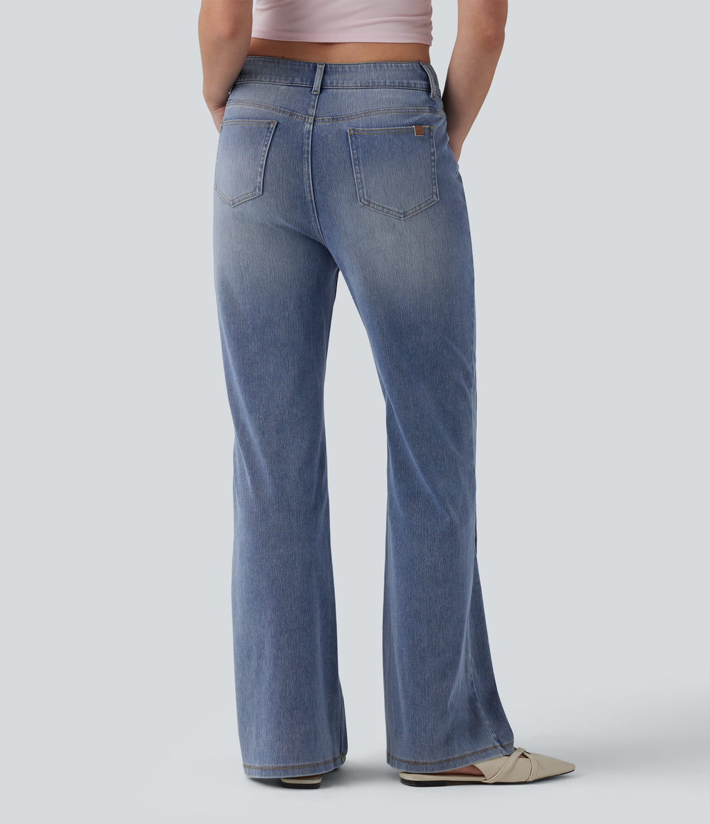 High Waisted Casual Straight Leg Jeans with Pockets — Malibu Blue Denim — view 2