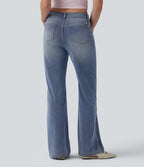 High Waisted Casual Straight Leg Jeans with Pockets — Malibu Blue Denim — view 2
