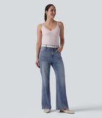 High Waisted Casual Straight Leg Jeans with Pockets — Malibu Blue Denim — view 6
