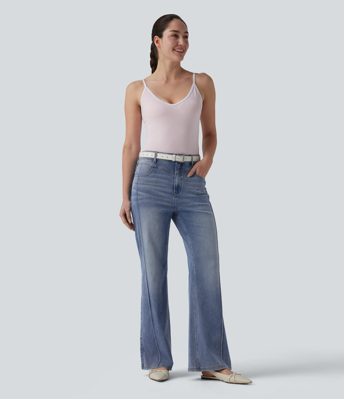 High Waisted Casual Straight Leg Jeans with Pockets — Malibu Blue Denim — view 6