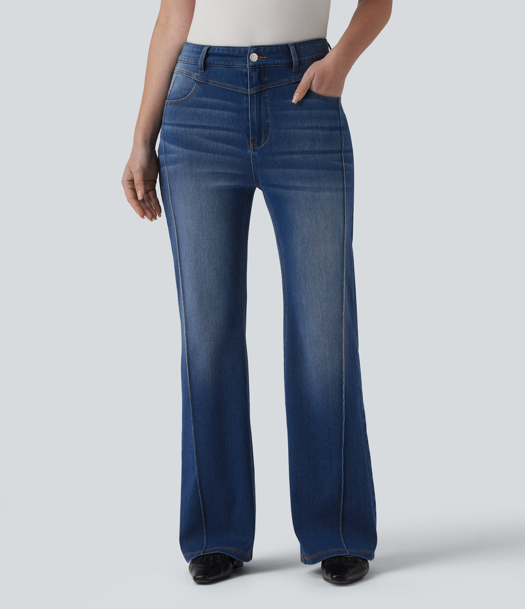 High Waisted Casual Straight Leg Jeans with Pockets — Tide Blue Denim — view 8