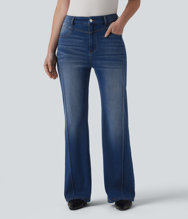 High Waisted Casual Straight Leg Jeans with Pockets — Tide Blue Denim — view 8