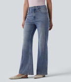 High Waisted Casual Straight Leg Jeans with Pockets — Malibu Blue Denim — view 3