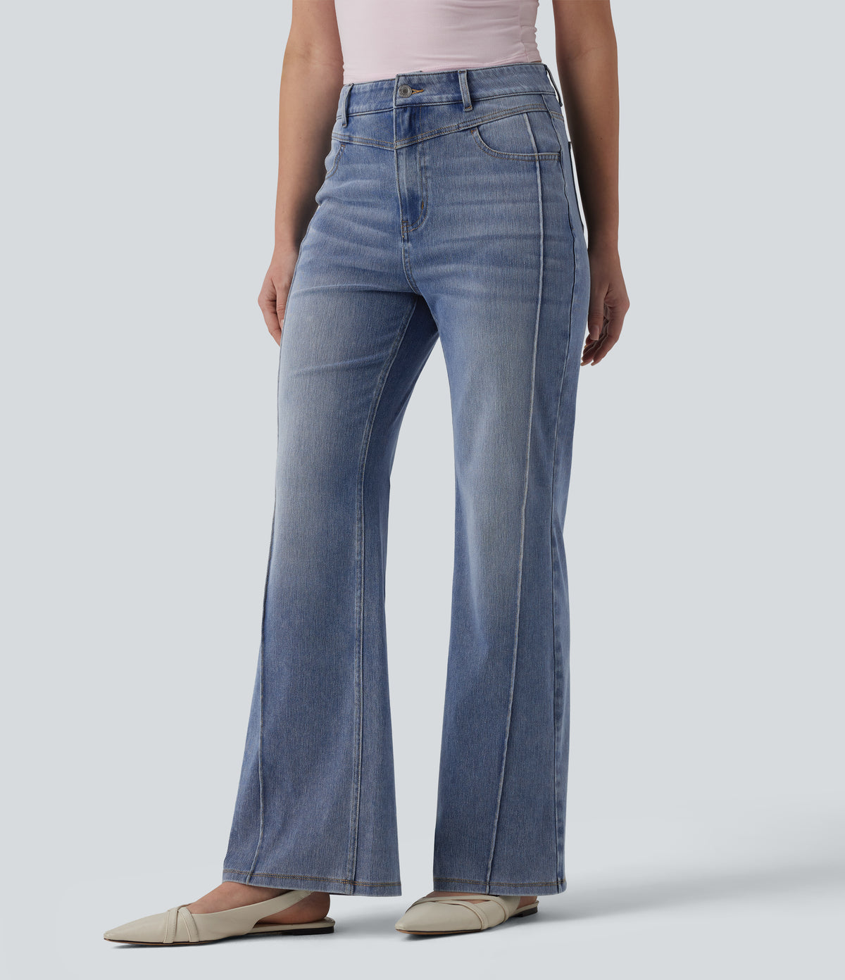 High Waisted Casual Straight Leg Jeans with Pockets — Malibu Blue Denim — view 3