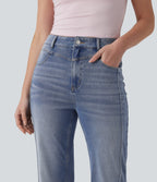 High Waisted Casual Straight Leg Jeans with Pockets — Malibu Blue Denim — view 4