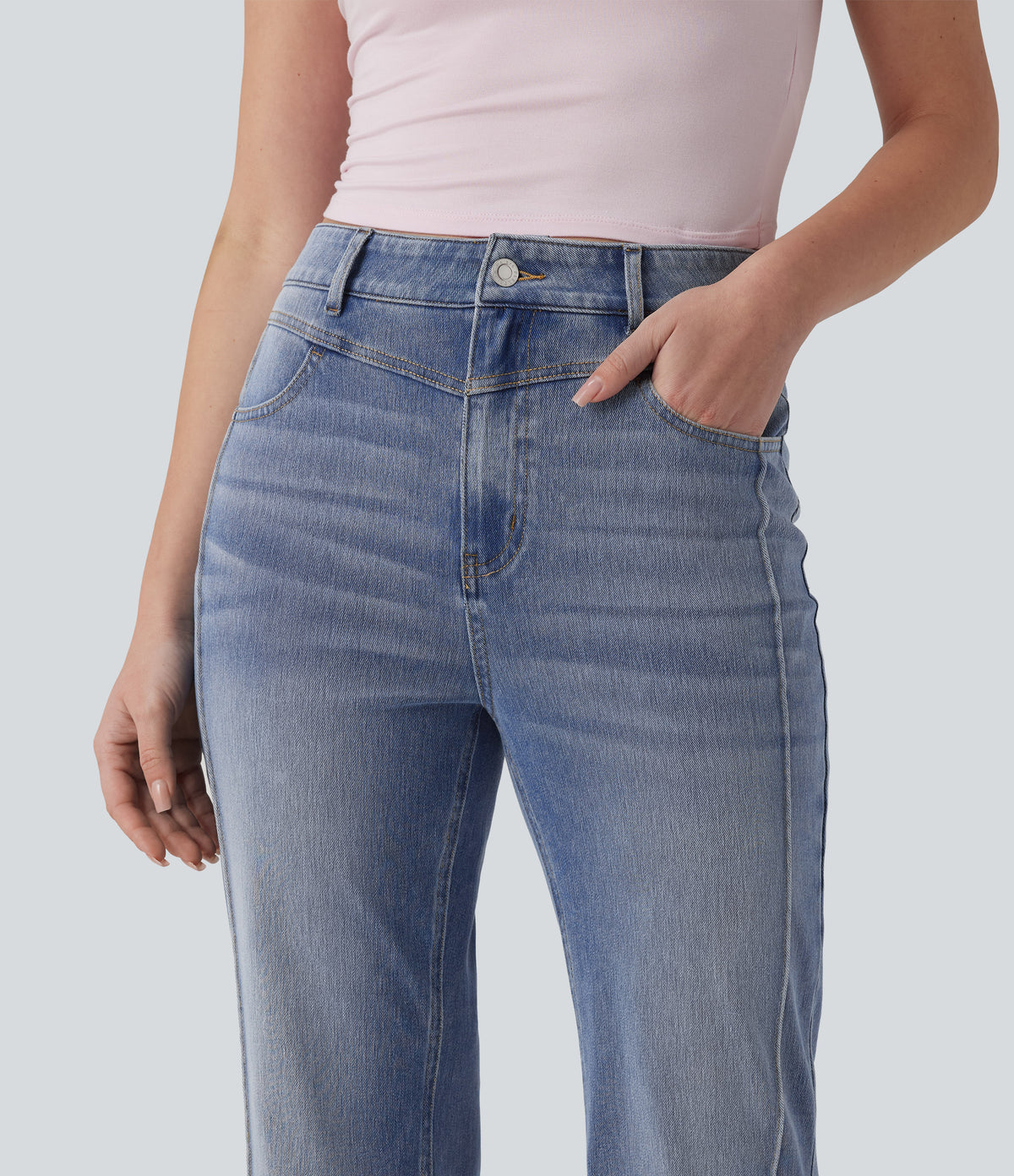 High Waisted Casual Straight Leg Jeans with Pockets — Malibu Blue Denim — view 4