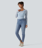 Asymmetric Crossover High Waisted Casual Slim Jeans with Pockets — Powder Blue Denim — view 7