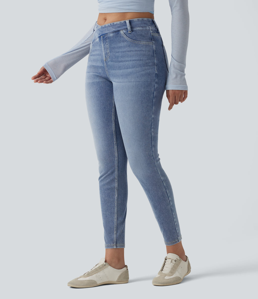 Asymmetric Crossover High Waisted Casual Slim Jeans with Pockets — Powder Blue Denim — view 3