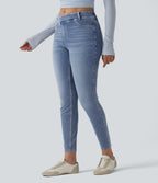 Asymmetric Crossover High Waisted Casual Slim Jeans with Pockets — Powder Blue Denim — view 3