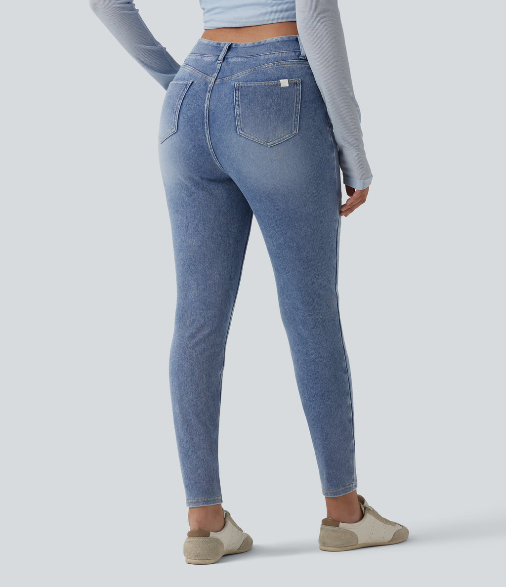 Asymmetric Crossover High Waisted Casual Slim Jeans with Pockets — Powder Blue Denim — view 2