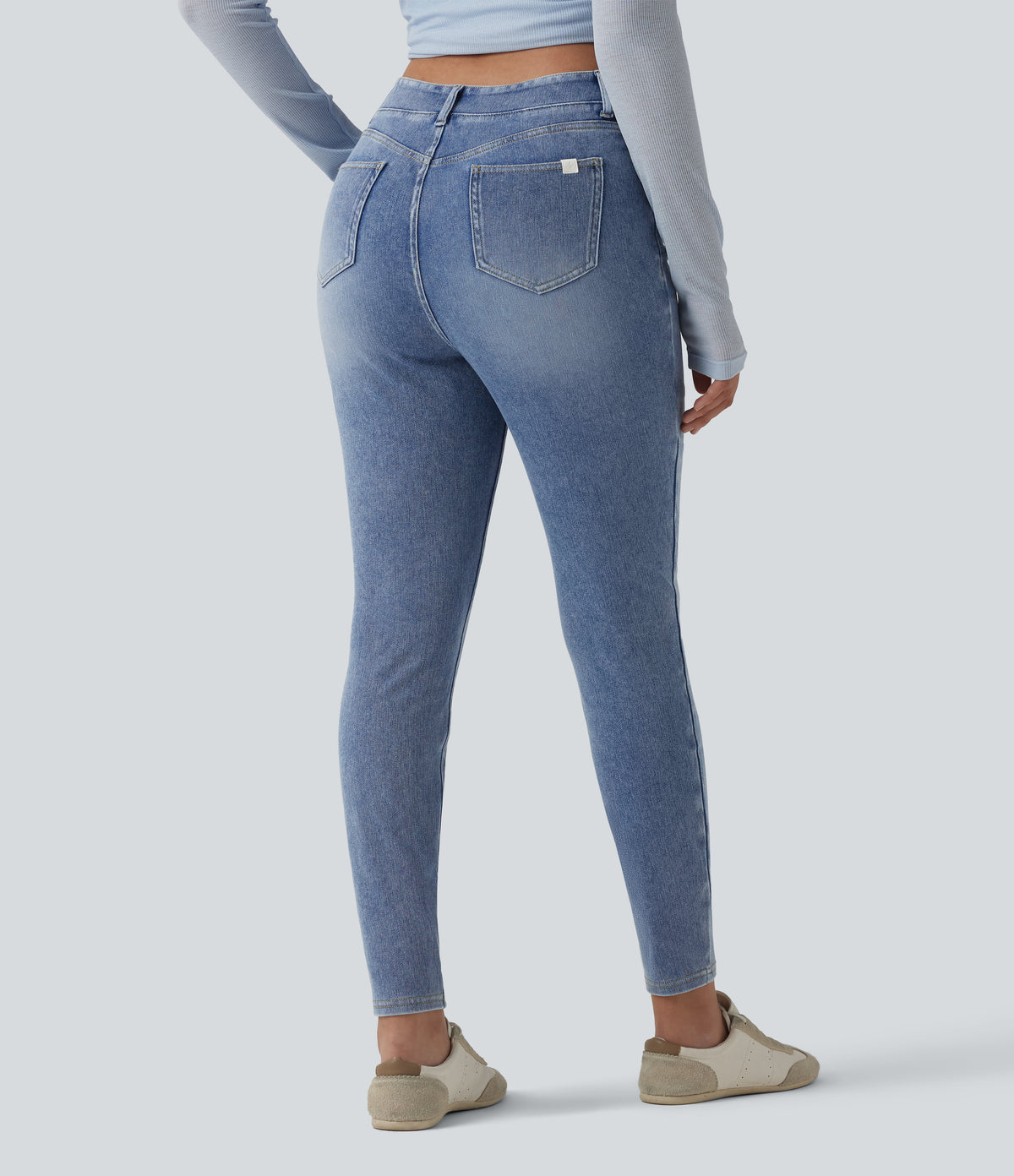 Asymmetric Crossover High Waisted Casual Slim Jeans with Pockets — Powder Blue Denim — view 2