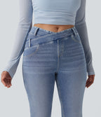 Asymmetric Crossover High Waisted Casual Slim Jeans with Pockets — Powder Blue Denim — view 4
