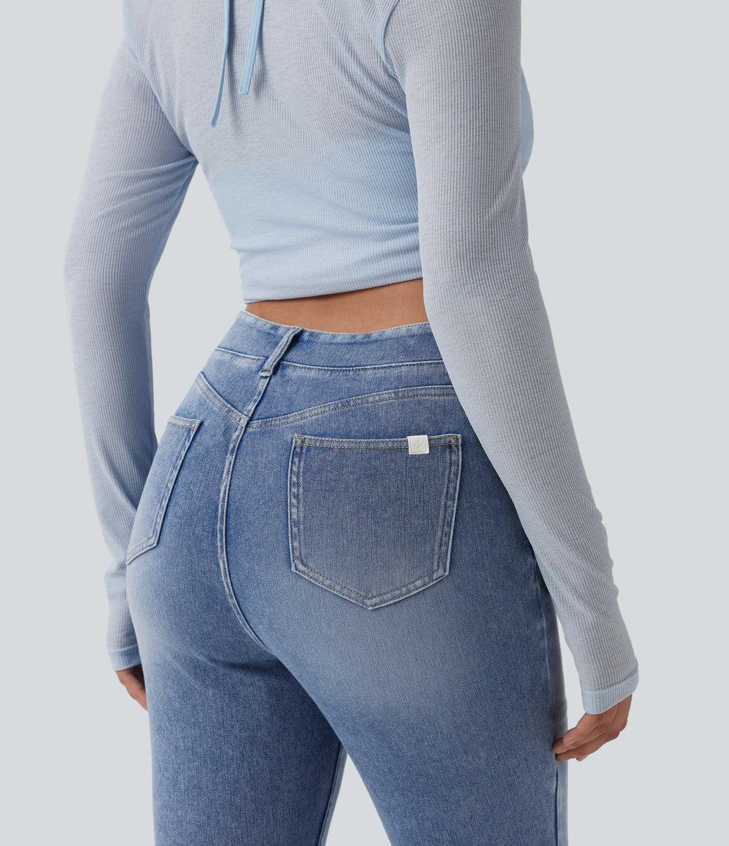 Asymmetric Crossover High Waisted Casual Slim Jeans with Pockets — Powder Blue Denim — view 5
