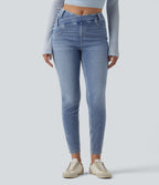 Asymmetric Crossover High Waisted Casual Slim Jeans with Pockets — Powder Blue Denim — view 1