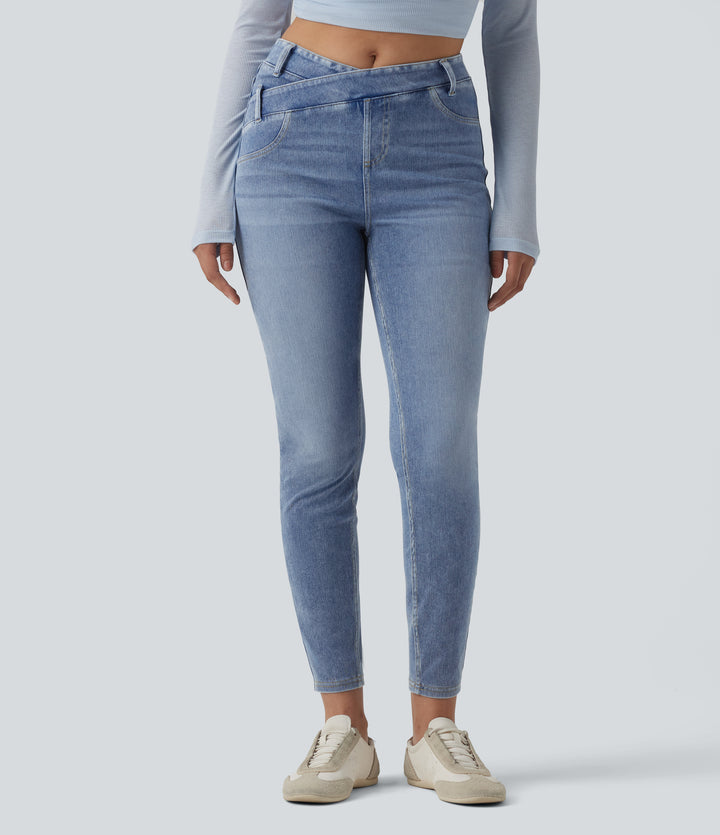 Asymmetric Crossover High Waisted Casual Slim Jeans with Pockets — Powder Blue Denim — view 1
