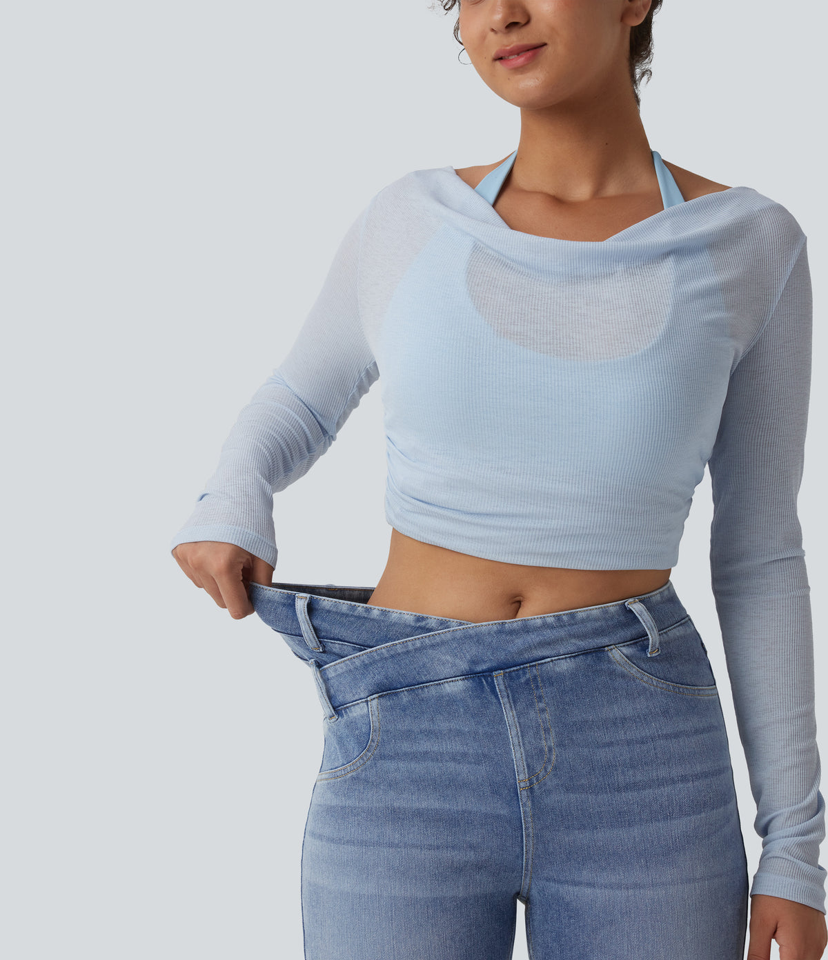 Asymmetric Crossover High Waisted Casual Slim Jeans with Pockets — Powder Blue Denim — view 6