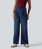 High Waisted Wide Leg Casual Maternity Jeans with Pockets — Pageant Blue Denim — view 3
