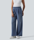 High Waisted Wide Leg Casual Maternity Jeans with Pockets — Tide Blue Denim — view 6