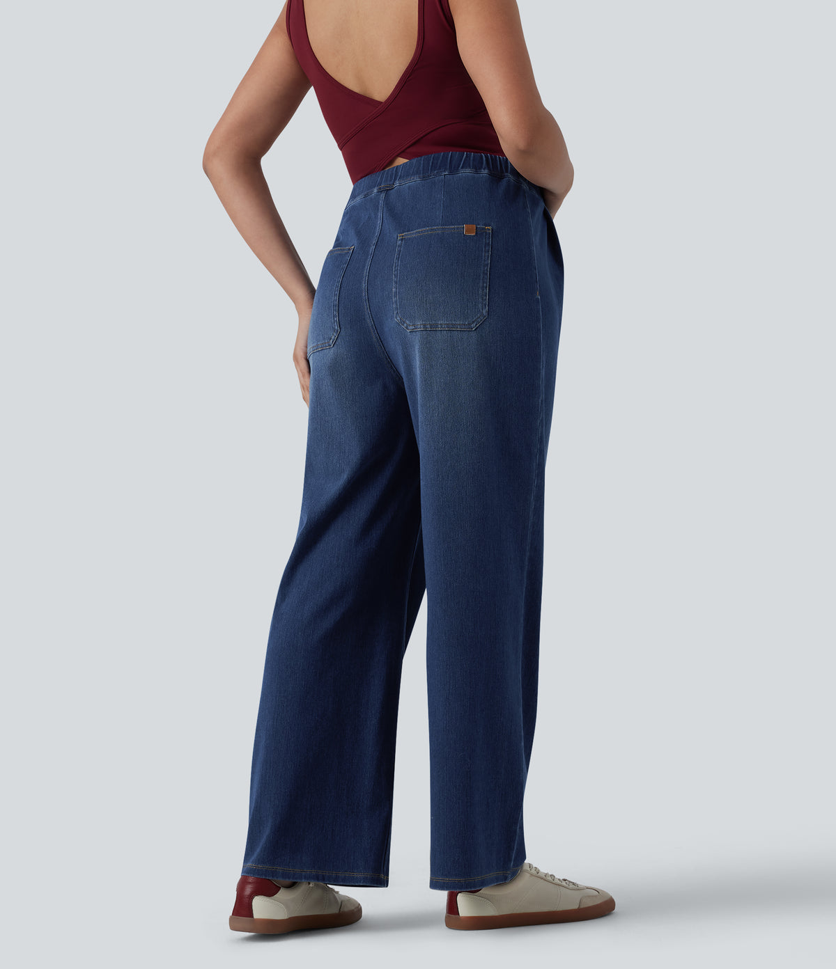 High Waisted Wide Leg Casual Maternity Jeans with Pockets — Pageant Blue Denim — view 2