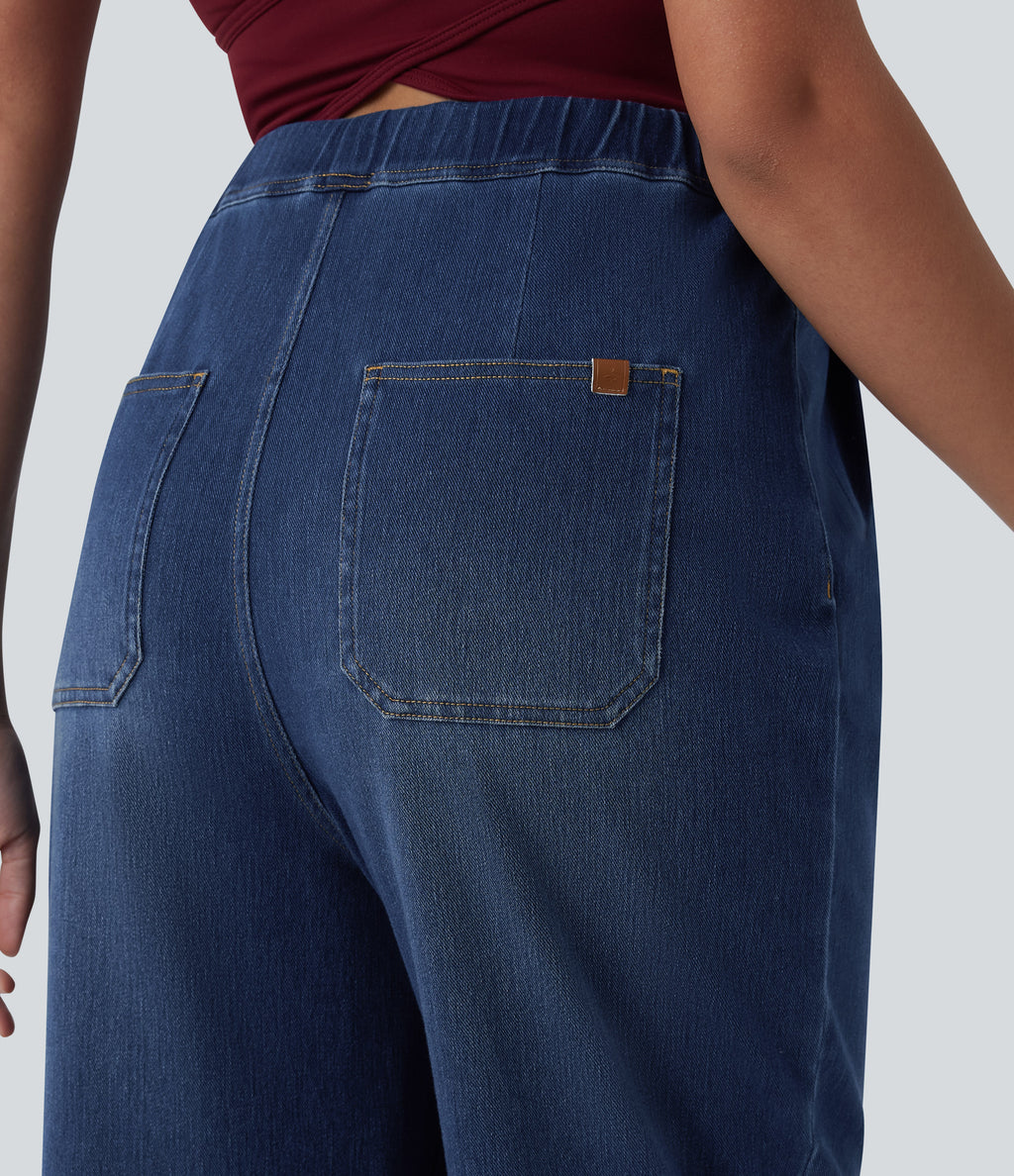 High Waisted Wide Leg Casual Maternity Jeans with Pockets — Pageant Blue Denim — view 5