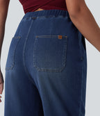 High Waisted Wide Leg Casual Maternity Jeans with Pockets — Pageant Blue Denim — view 5